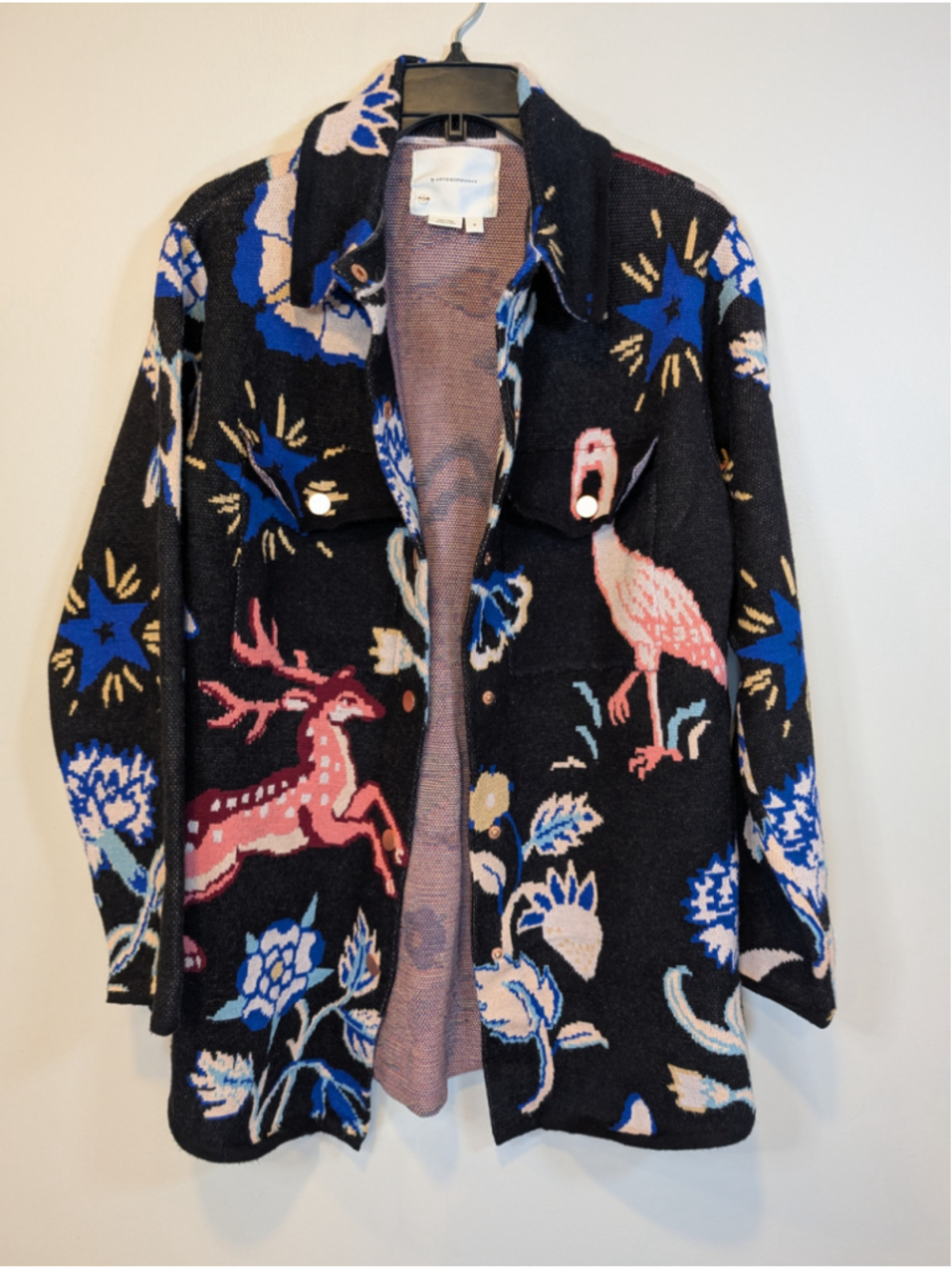 By Anthropologie Icon Jacquard Tapestry Cardigan Jacket Pink Deer Large Med - Picture 6 of 7